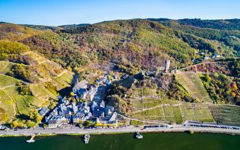 Aerial view of Beilstein town with Metternich Castle at the Moselle River in Rhineland-Palatinate, Germany