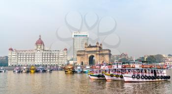The Gateway of India and Taj Mahal Palace as seen from the Arabian Sea. Mumbai - Maharashtra, India