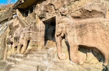Carved elephants at the entrance of Cave 16, the Ajanta Caves Complex. World heritage site in Maharashta, India
