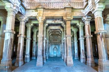 Interior of Jami Masjid, a major tourist attraction at Champaner-Pavagadh Archaeological Park - Gujarat state of India