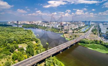 The Paton bridge and Rusanivka district of Kyiv, the capital of Ukraine