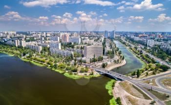 Aerial view of Rusanivka district of Kyiv, the capital of Ukraine