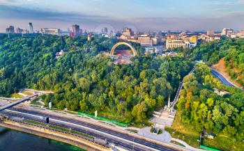 Aerial view of Kiev with Friendship of Nations Arch and Monument to the Magdeburg Rights - Ukraine, Eastern Europe