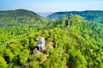 Aerial view of Anebos and Scharfenberg Castles in the Palatinate Forest. Major tourist attraction in Rhineland-Palatinate State of Germany