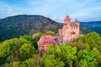 Aerial view of Berwartstein Castle in the Palatinate Forest. Rhineland-Palatinate, Germany