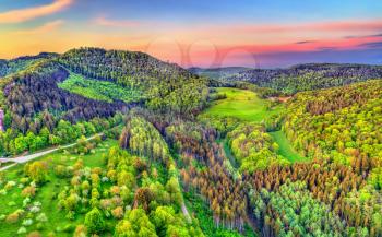 Aerial view of the Northen Vosges Mountains at sunset - Bas-Rhin department of France