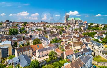 Aerial view of Chartres city with the Cathedral of Our Lady. A UNESCO world heritage site in Eure-et-Loir department of France