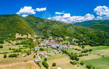 Aerial view of Coisia, a village in the Jura department of Bourgogne-Franche-Comte, France
