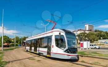 City tram on Theatre Square of Rostov-on-Don, Russian Federation