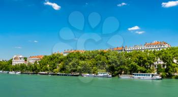 The riverside of the Rhone in Lyon. Auvergne-Rhone-Alpes, France