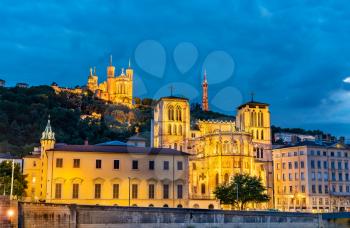 View of the Lyon Cathedral and the Basilica of Notre-Dame de Fourviere. Lyon - Auvergne-Rhone-Alpes, France