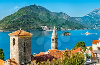 View of the Bay of Kotor with two small islands and bell towers in Perast - Montenegro, Balkans