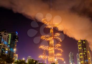 DUBAI, UAE - JANUARY 1: Fireworks from Burj Khalifa on New Year's Eve, January 1, 2016. Burj Khalifa is the tallest structure in the world (828 m)