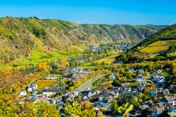 Aerial view of Cochem town and the Moselle River in Rhineland-Palatinate, Germany