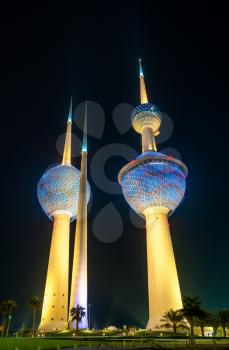 View of the Kuwait Towers at night. Kuwait City, the Middle East