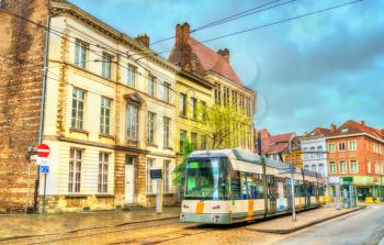 City tram in the old town of Ghent - East Flanders, Belgium