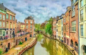 Traditional houses along a canal in Utrecht - the Netherlands