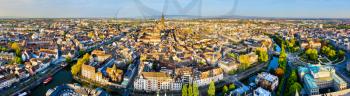 Aerial panorama of the Grande Ile, the island in the very heart of Strasbourg. UNESCO world heritage in France