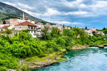 View of Mostar town at the Neretva river in Bosnia and Herzegovina