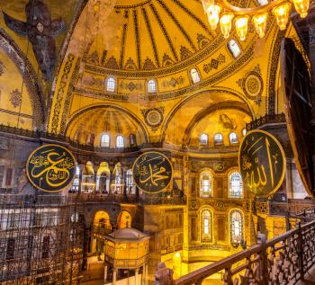 ISTANBUL, TURKEY - JANUARY 6: Interior of Hagia Sophia museum on January 6, 2015 in Istanbul, Turkey. Hagia Sophia was built in 537 as Eastern Orthodox cathedral