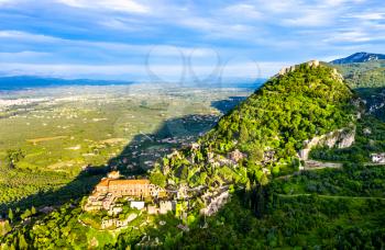 Aerial view of the Mystras Archaeological Site. UNESCO world heritage in Greece