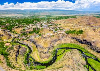 Aerial view of the Kasagh river at Oshakan in Armenia