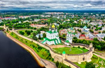 Aerial view of the Pskov Krom with the Velikaya River in Russia