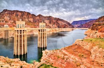 Penstock towers at Hoover Dam in the Black Canyon of the Colorado River, on the border between Nevada and Arizona. United States