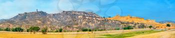 Panorama of Amer and Jaigarh Forts in Jaipur. UNESCO World Heritage Site in Rajasthan, India