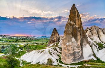 Sunset above the Rose Valley at Goreme National Park. UNESCO world heritage in Cappadocia, Turkey