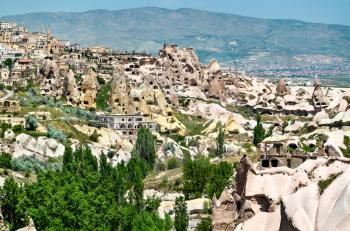 View of Uchisar town and castle from Pigeon Valley in Cappadocia, Turkey