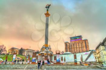 Kiev, Ukraine - January 1, 2018: Independence Monument on Maidan Nezalezhnosti Square, the central square of Kiev