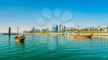 Traditional boats in the Persian Gulf in Doha, Qatar