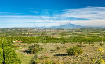 Panorama of Sicily with Mount Etna and Scordia town. Southern Italy
