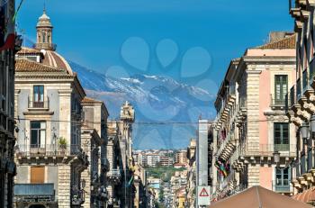 View of the historic centre of Catania with Etna Volcano in the background - Sicily, Italy