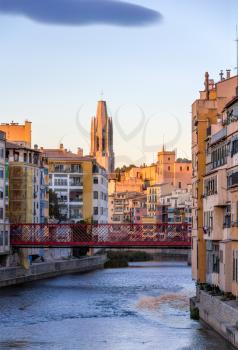 Girona Cathedral with Eiffel bridge over Onyar River - Spain