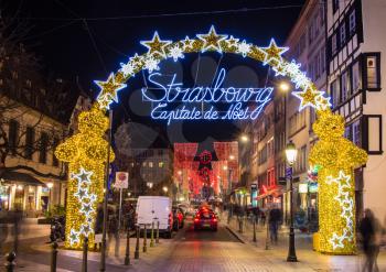 Strasbourg, France - December 15, 2013: Entrance to the city center of Strasbourg on Christmas time