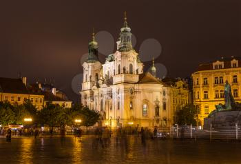Church of St. Nicholas on Old Town Square in the night. Prague, Czech Republic