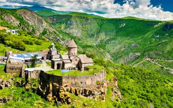 Aerial view of Tatev monastery. UNESCO world heritage in Armenia