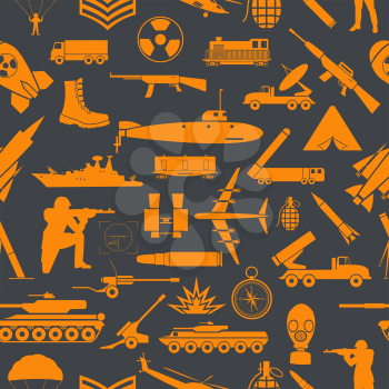 Military background. Seamless pattern. Military elements, armored vehicles. Vector illustration
