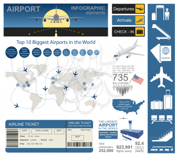 Airport, air travel infographic with design elements. Infographic template with statistical data. Vector illustration