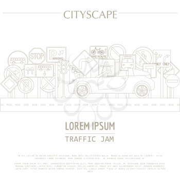 Cityscape graphic template. Modern city. Vector illustration. Traffic jam, transport, cars, road signs. City constructor. Template with place for text. Outline version