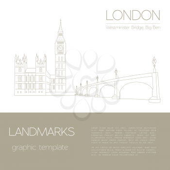 World landmarks. London. United Kingdom.Westminster Abbey, the Bridge, Big Ben. Graphic template. Logos and badges. Linear design. Vector illustration