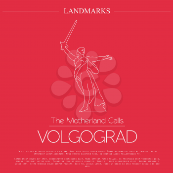 World landmarks. Volgograd. Russia. The Motherland Calls Statue on the Mamaev Kurgan. For heroes of the Battle of Stalingrad. Graphic template, logos. Linear design. Vector illustration