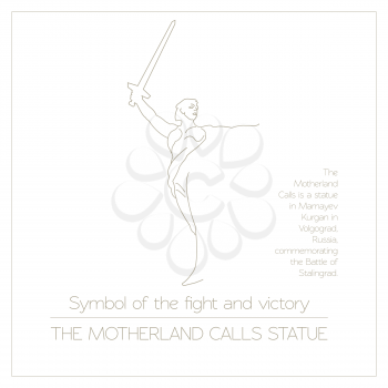 World landmarks. Volgograd. Russia. The Motherland Calls Statue on the Mamaev Kurgan. For heroes of the Battle of Stalingrad. Graphic template, logos. Linear design. Vector illustration