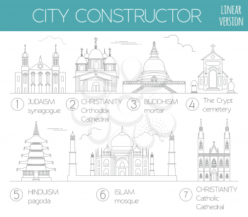 Big set City generator. House constructor. Religious buildings. Outline minimal icon version. Make your perfect city. Vector illustration