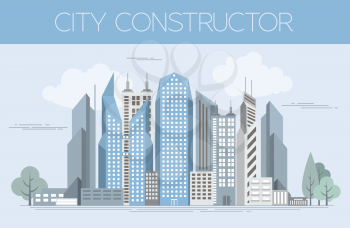 Great city map creator. Colour version. House constructor. House, cafe, restaurant, shop, infrastructure, industrial, transport, village and countryside. Make your perfect city. Vector illustration