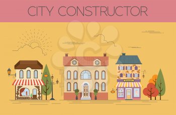 Great city map creator. Colour version. House constructor. House, cafe, restaurant, shop, infrastructure, industrial, transport, village and countryside. Make your perfect city. Vector illustration