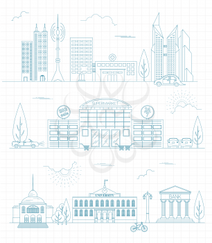 Great city map creator. Outline version. House constructor. House, cafe, restaurant, shop, infrastructure, industrial, transport, village and countryside. Make your perfect city. Vector illustration