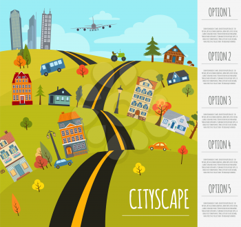Cityscape conceptual graphic template. Urban, countryside, industrial buildings and outdoor scene. Graphic template. Infographic elements. Vector illustration